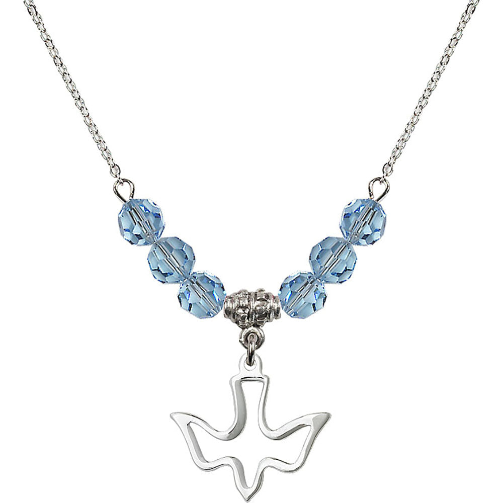 Sterling Silver Holy Spirit Birthstone Necklace with Aqua Beads - 1510