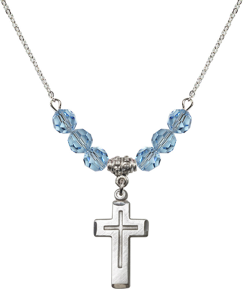 Sterling Silver Cross Birthstone Necklace with Aqua Beads - 1529