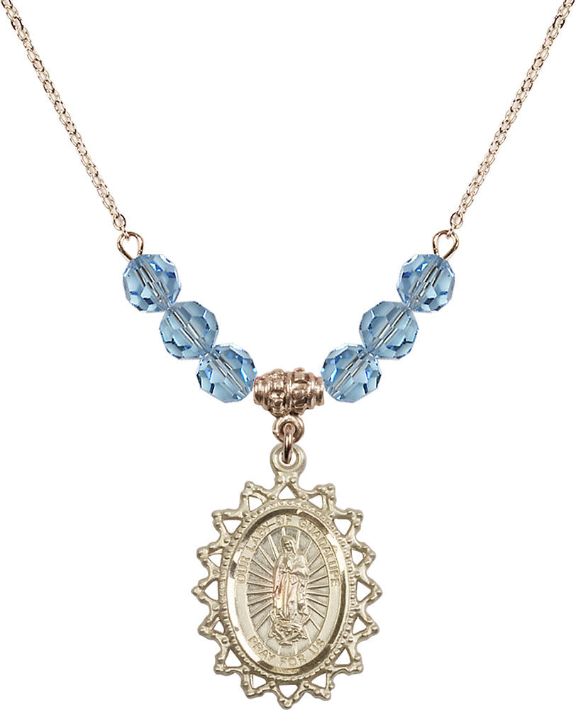 14kt Gold Filled Our Lady of Guadalupe Birthstone Necklace with Aqua Beads - 1619