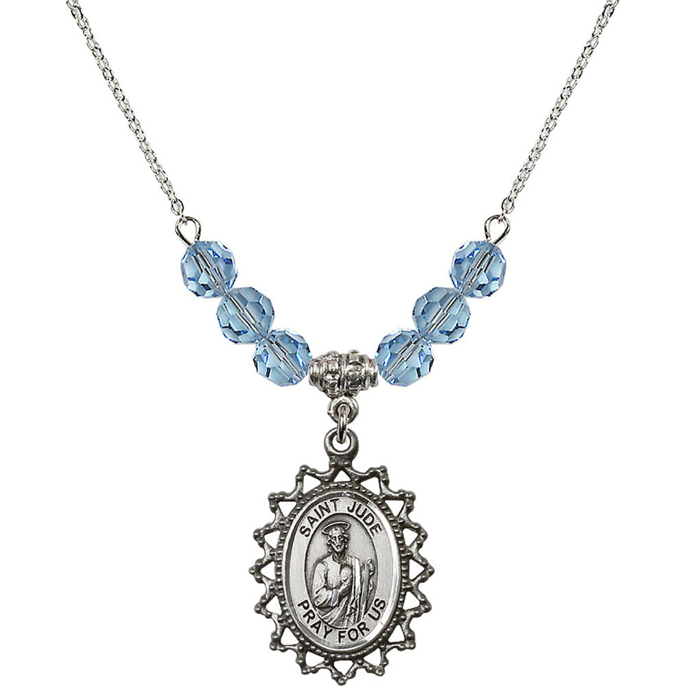 Sterling Silver Saint Jude Birthstone Necklace with Aqua Beads - 1619
