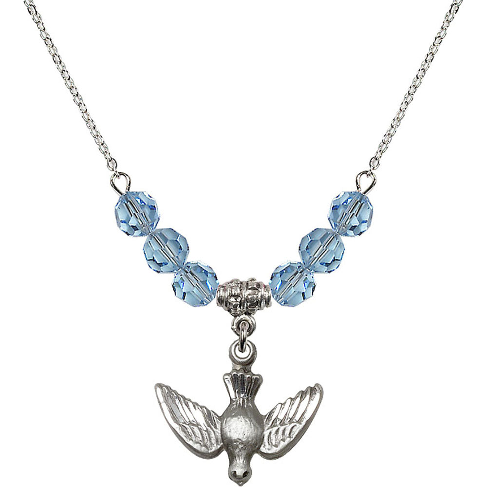 Sterling Silver Holy Spirit Birthstone Necklace with Aqua Beads - 1628