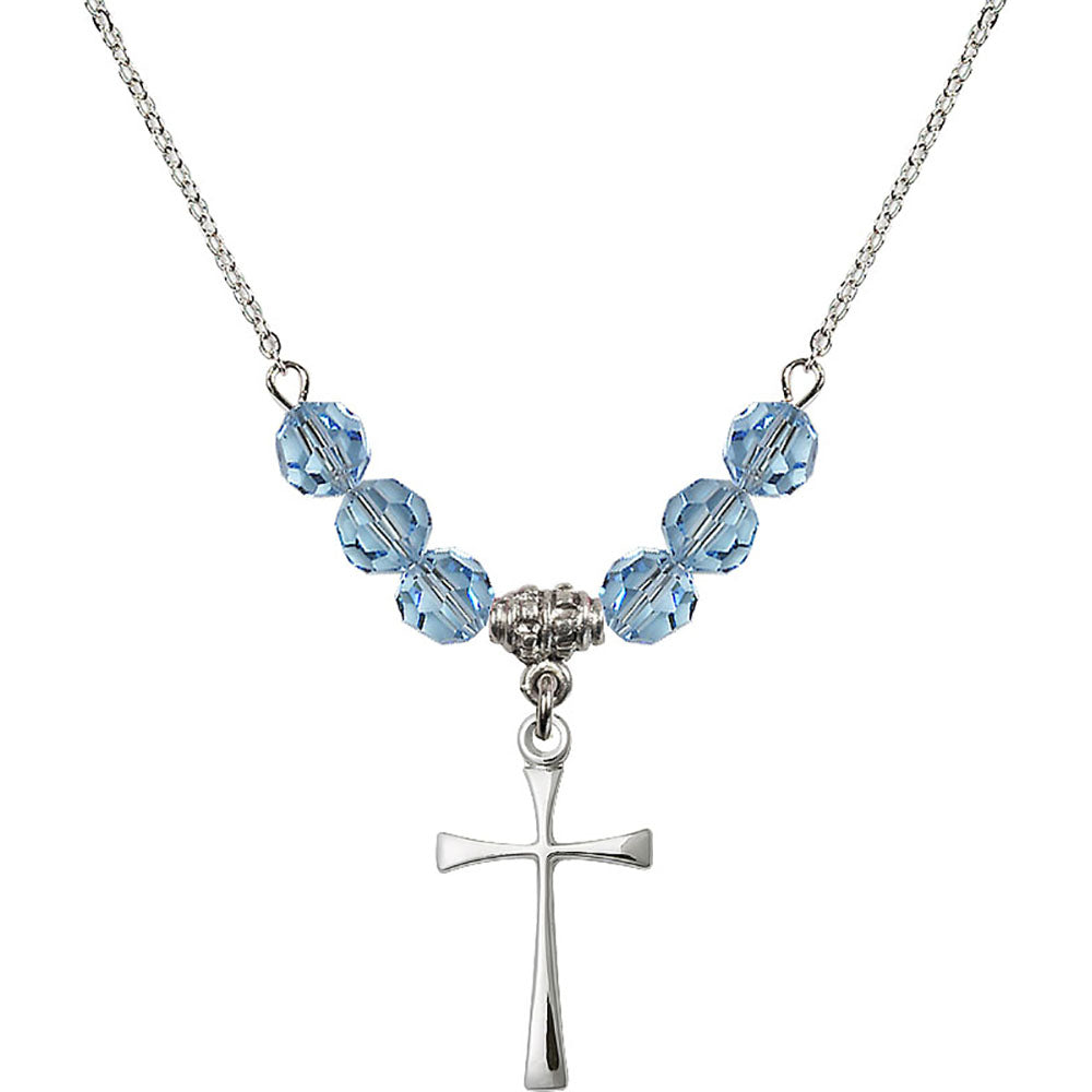 Sterling Silver Maltese Cross Birthstone Necklace with Aqua Beads - 1870