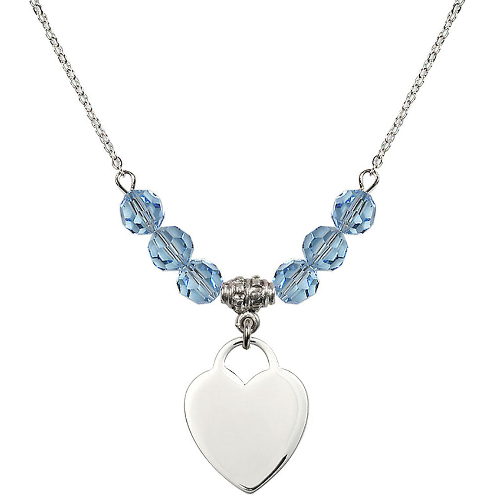 Sterling Silver Heart Birthstone Necklace with Aqua Beads - 3200