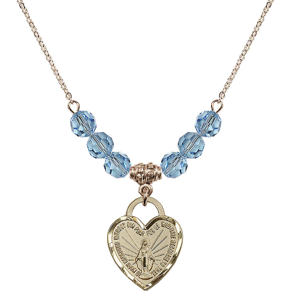 14kt Gold Filled Miraculous Heart Birthstone Necklace with Aqua Beads - 3201
