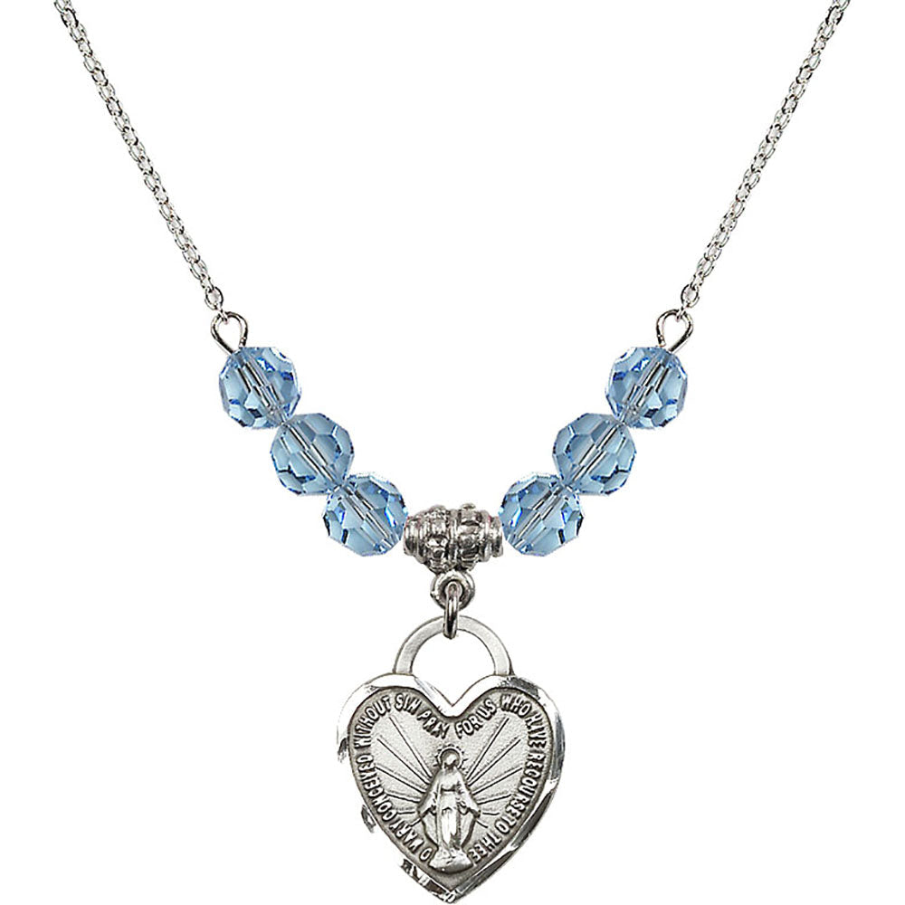 Sterling Silver Miraculous Heart Birthstone Necklace with Aqua Beads - 3201