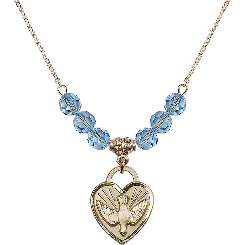 14kt Gold Filled Confirmation Heart Birthstone Necklace with Aqua Beads - 3205