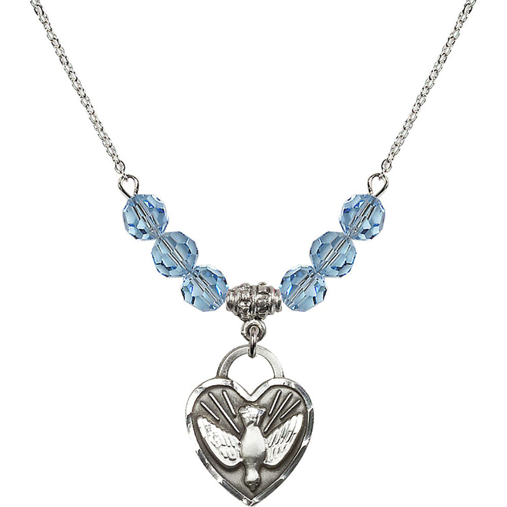 Sterling Silver Confirmation Heart Birthstone Necklace with Aqua Beads - 3205
