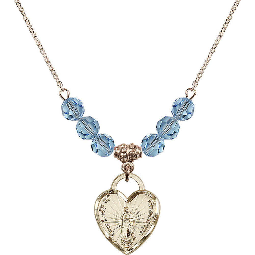 14kt Gold Filled Our Lady of Guadalupe Heart / Recuerdo Birthstone Necklace with Aqua Beads - 3209