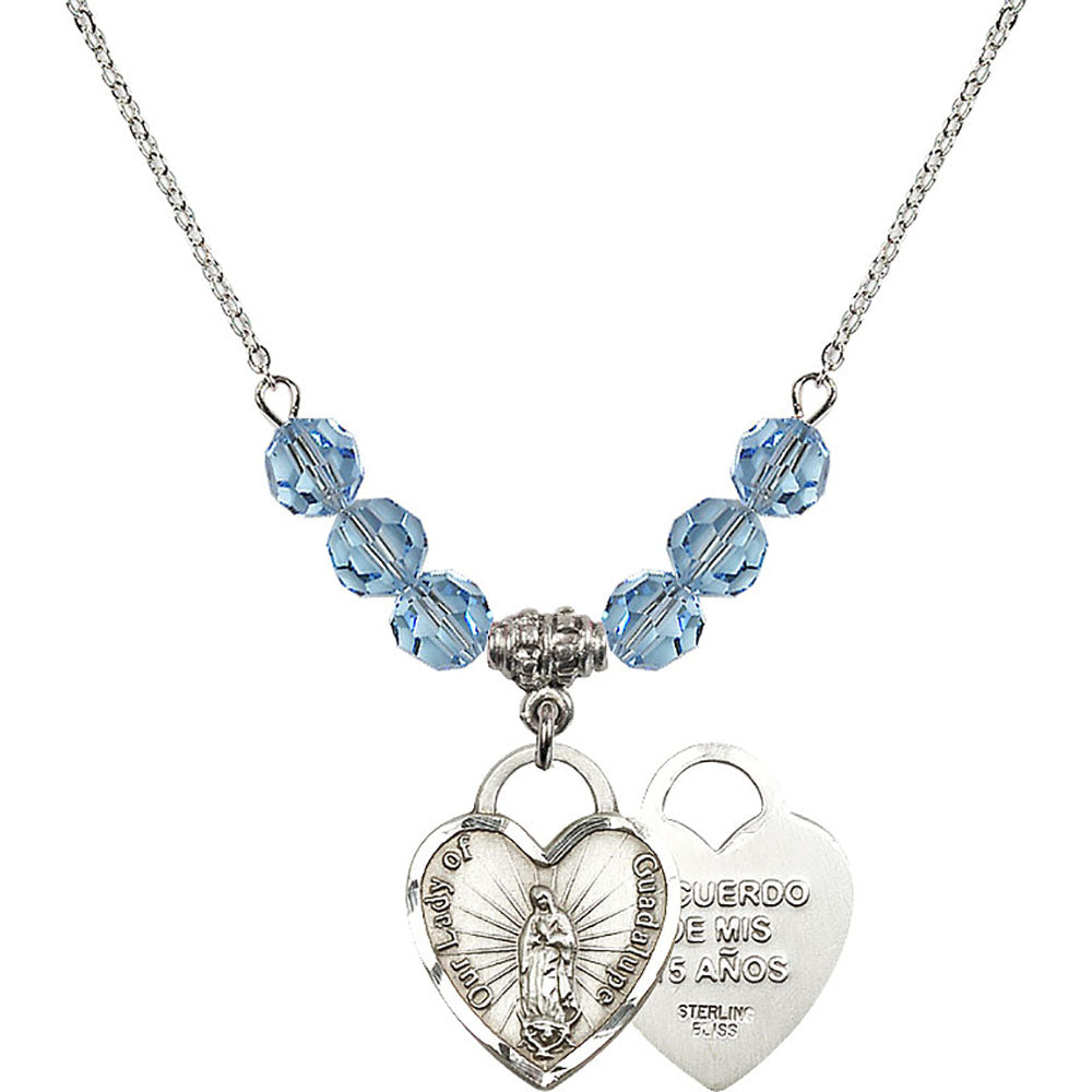 Sterling Silver Our Lady of Guadalupe Heart / Recuerdo Birthstone Necklace with Aqua Beads - 3209