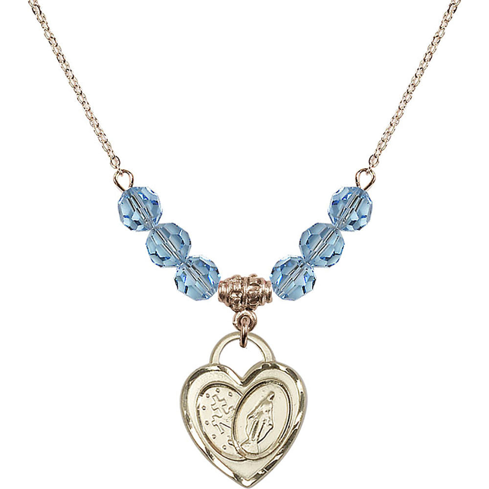 14kt Gold Filled Miraculous Heart Birthstone Necklace with Aqua Beads - 3212