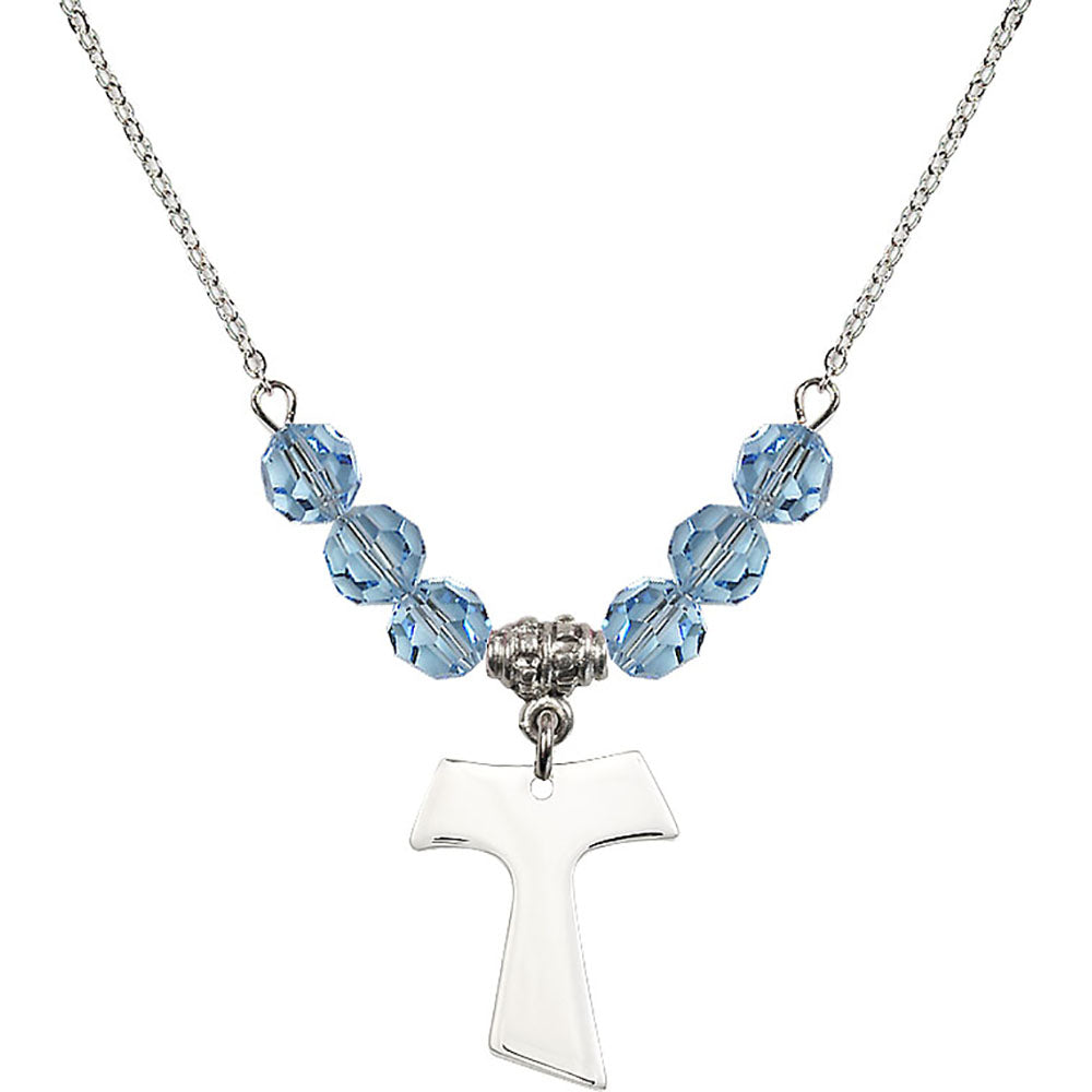 Sterling Silver Tau Cross Birthstone Necklace with Aqua Beads - 3948