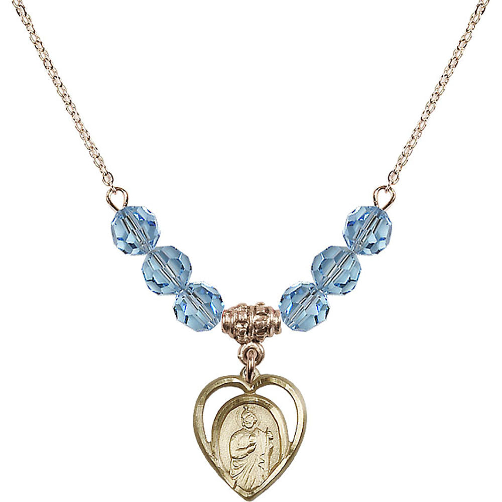 14kt Gold Filled Saint Jude Birthstone Necklace with Aqua Beads - 4128