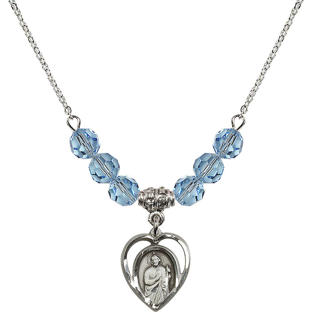 Sterling Silver Saint Jude Birthstone Necklace with Aqua Beads - 4128