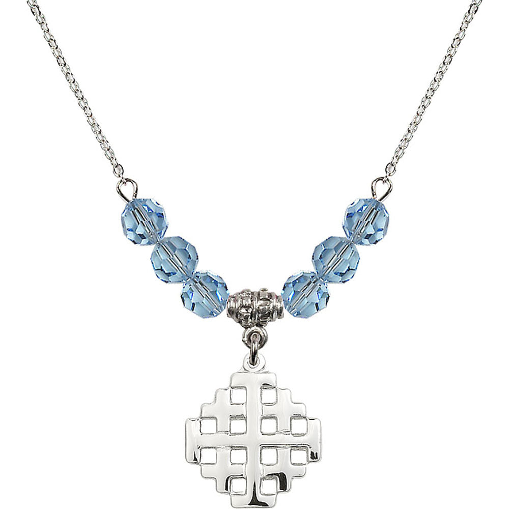 Sterling Silver Jerusalem Cross Birthstone Necklace with Aqua Beads - 4139