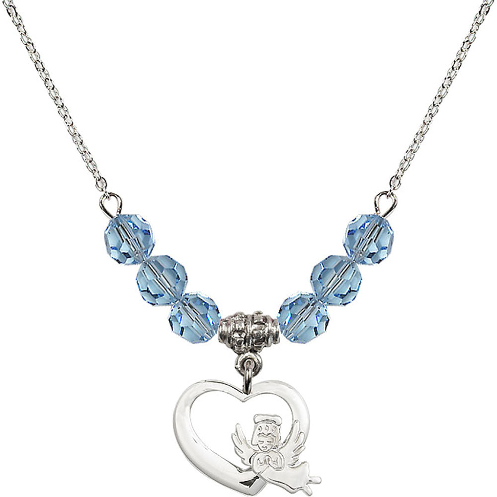 Sterling Silver Heart / Guardian Angel Birthstone Necklace with Aqua Beads - 4206