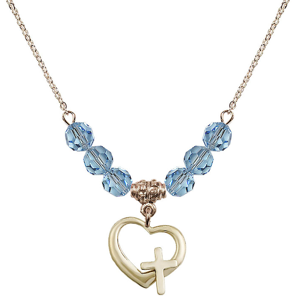 14kt Gold Filled Heart / Cross Birthstone Necklace with Aqua Beads - 4207