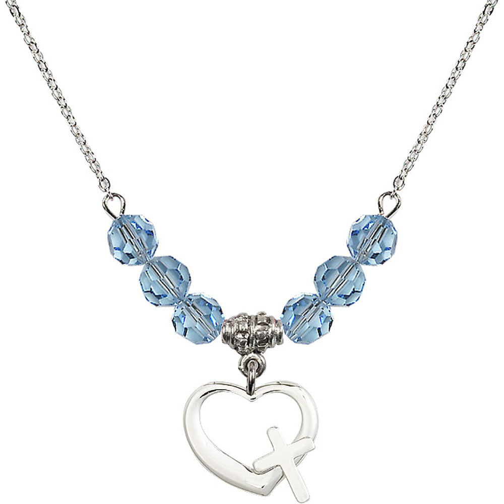 Sterling Silver Heart / Cross Birthstone Necklace with Aqua Beads - 4207