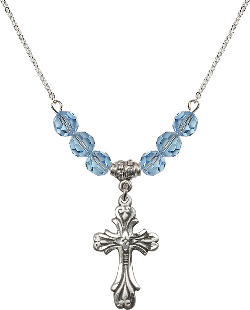 Sterling Silver Cross Birthstone Necklace with Aqua Beads - 5419