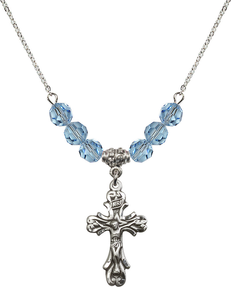 Sterling Silver Crucifix Birthstone Necklace with Aqua Beads - 5421