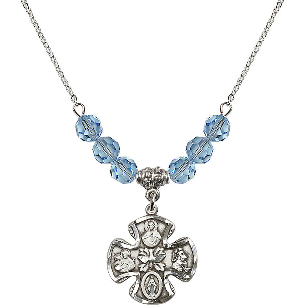 Sterling Silver 5-Way Birthstone Necklace with Aqua Beads - 5443