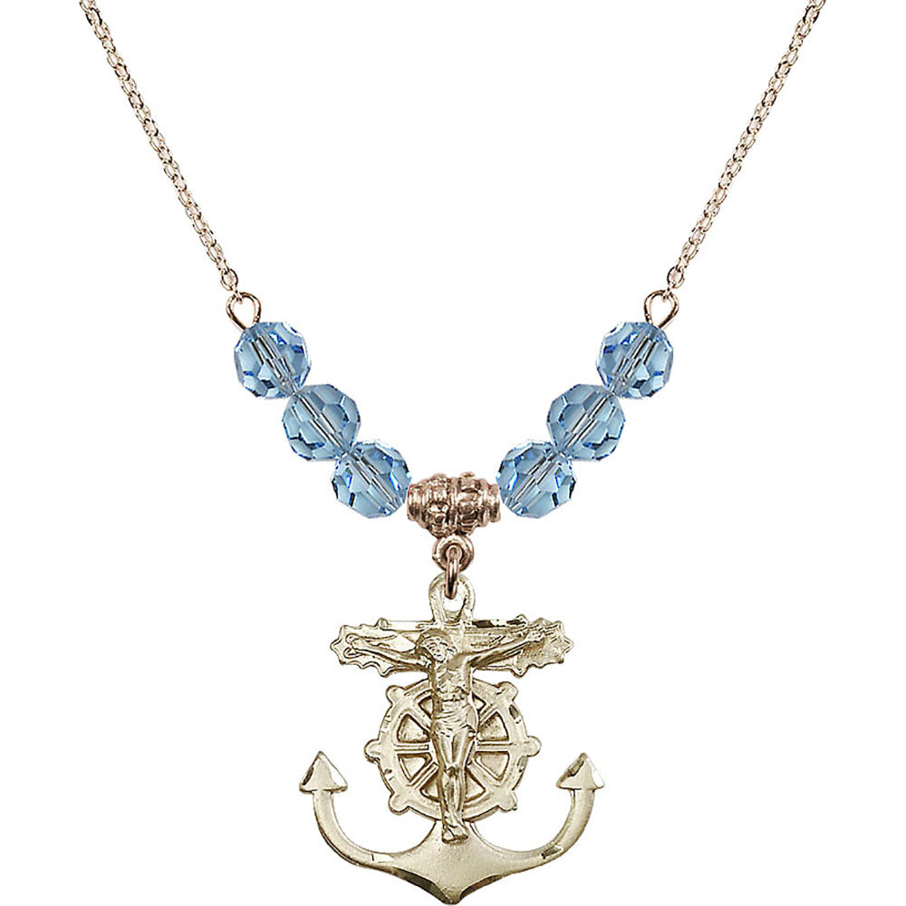 14kt Gold Filled Anchor Crucifix Birthstone Necklace with Aqua Beads - 5685