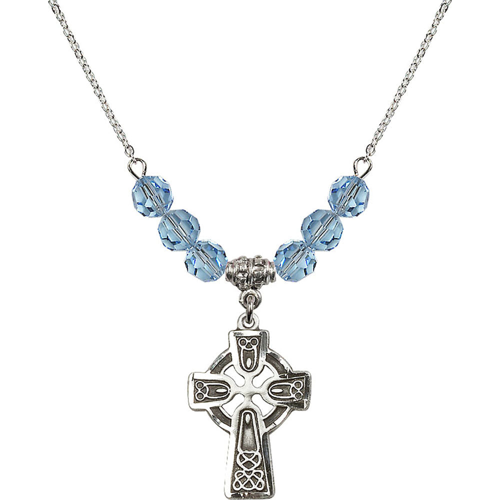Sterling Silver Celtic Cross Birthstone Necklace with Aqua Beads - 5689
