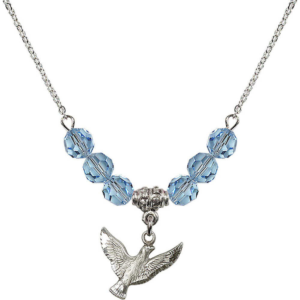 Sterling Silver Holy Spirit Birthstone Necklace with Aqua Beads - 5912