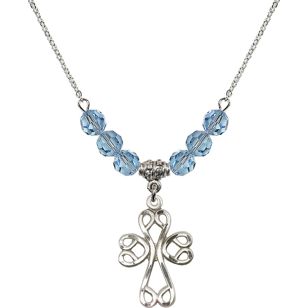 Sterling Silver Scroll Cross Birthstone Necklace with Aqua Beads - 5998