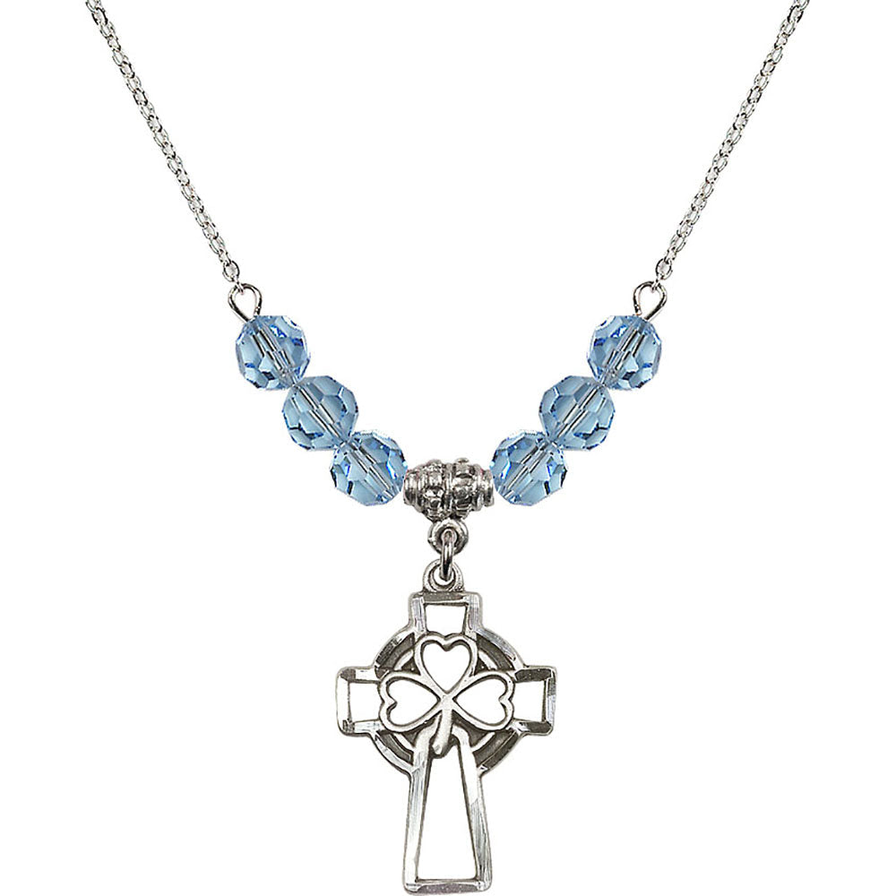 Sterling Silver Shamrock Cross Birthstone Necklace with Aqua Beads - 5999