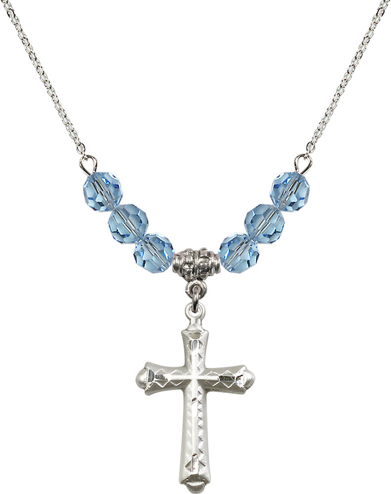 Sterling Silver Cross Birthstone Necklace with Aqua Beads - 6007