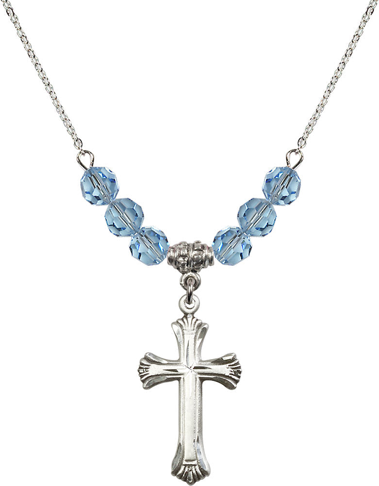 Sterling Silver Cross Birthstone Necklace with Aqua Beads - 6013