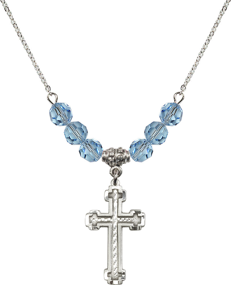 Sterling Silver Cross Birthstone Necklace with Aqua Beads - 6039