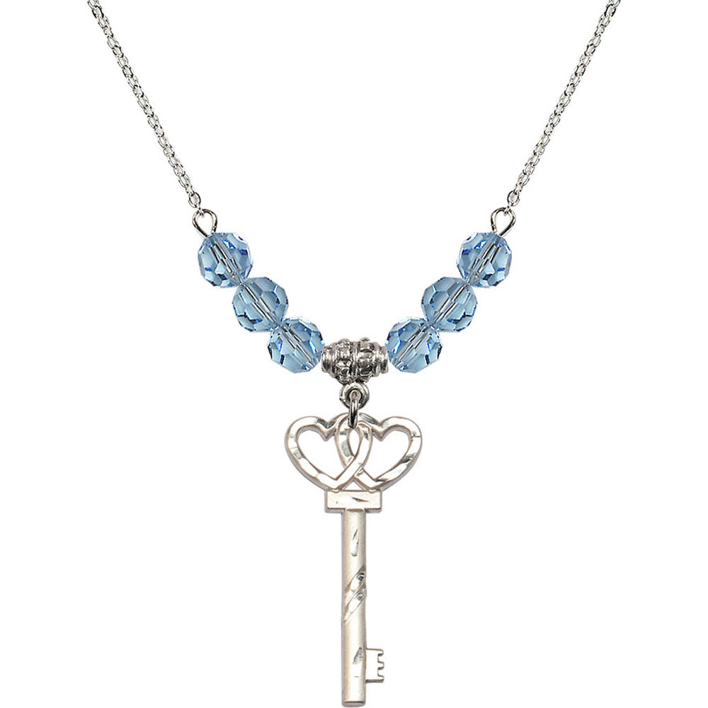Sterling Silver Small Key w/Double Hearts Birthstone Necklace with Aqua Beads - 6213