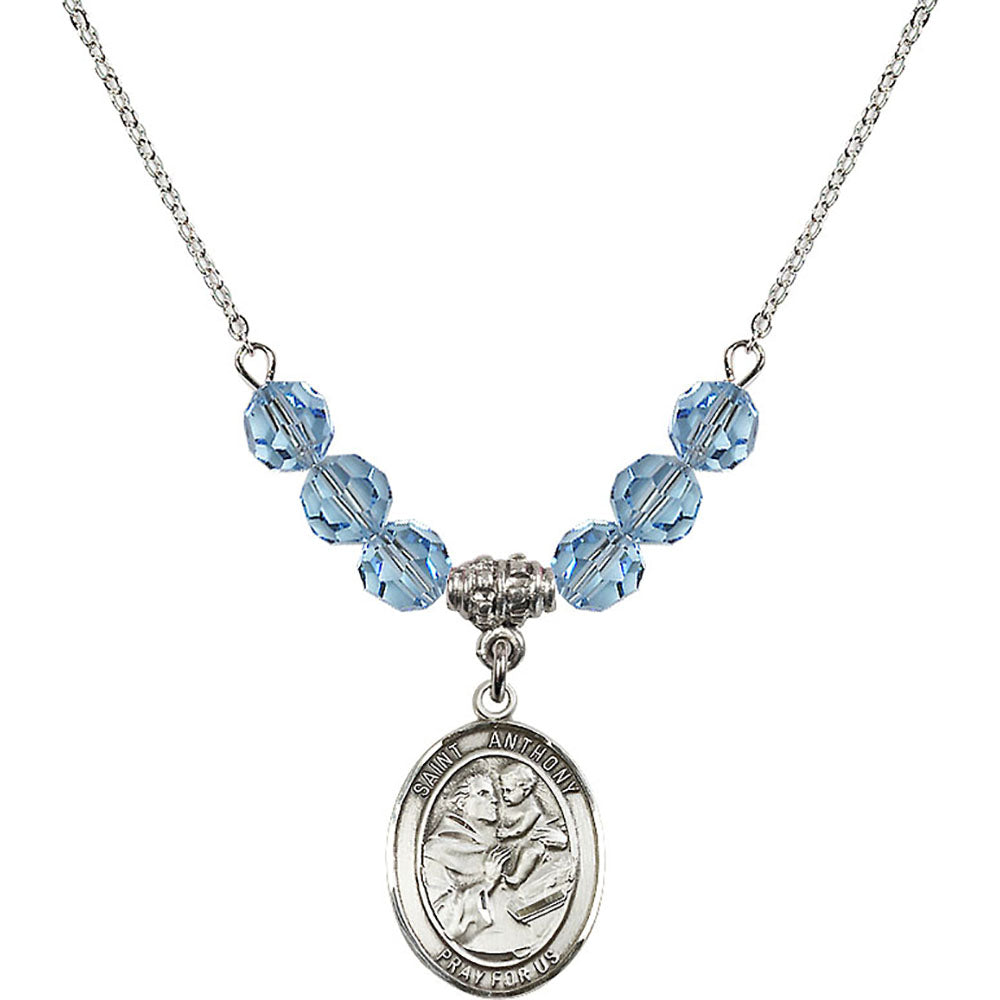 Sterling Silver Saint Anthony of Padua Birthstone Necklace with Aqua Beads - 8004