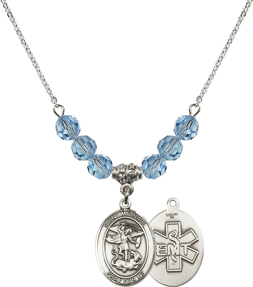 Sterling Silver Saint Michael / EMT Birthstone Necklace with Aqua Beads - 8076