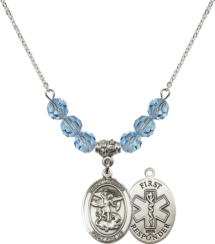Sterling Silver Saint Michael/1St Responder Birthstone Necklace with Aqua Beads - 8076