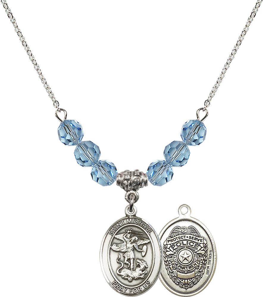 Sterling Silver Saint Michael / Policeman Birthstone Necklace with Aqua Beads - 8076