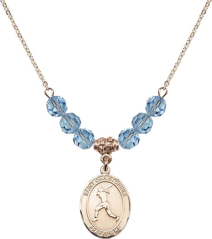 14kt Gold Filled Saint Christopher/Softball Birthstone Necklace with Aqua Beads - 8145