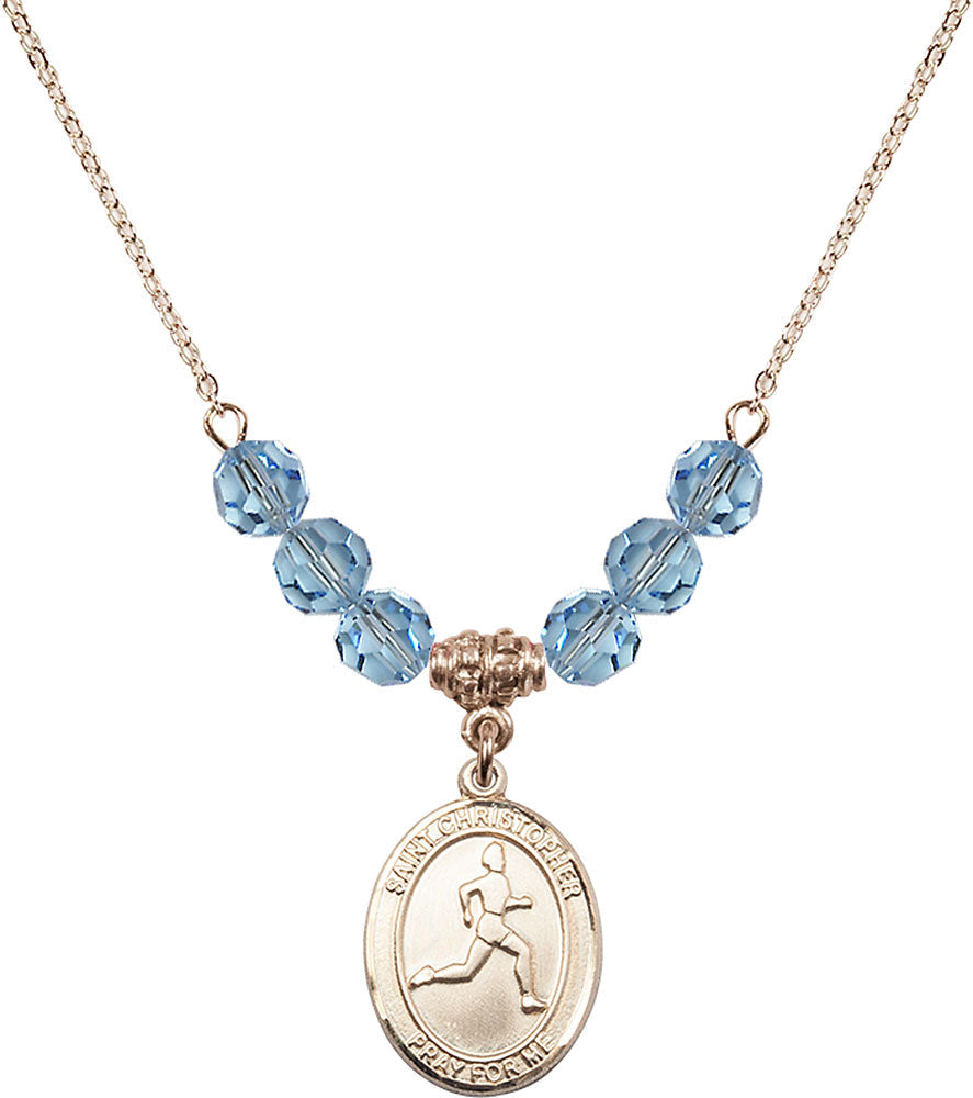 14kt Gold Filled Saint Christopher/Track & Field Birthstone Necklace with Aqua Beads - 8149