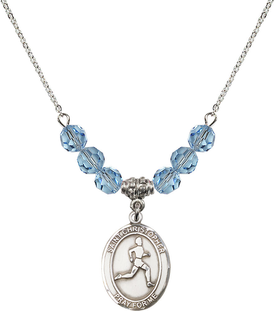 Sterling Silver Saint Christopher/Track & Field Birthstone Necklace with Aqua Beads - 8149
