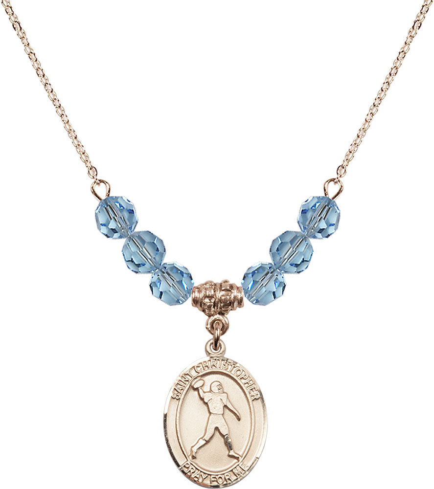 14kt Gold Filled Saint Christopher/Football Birthstone Necklace with Aqua Beads - 8151
