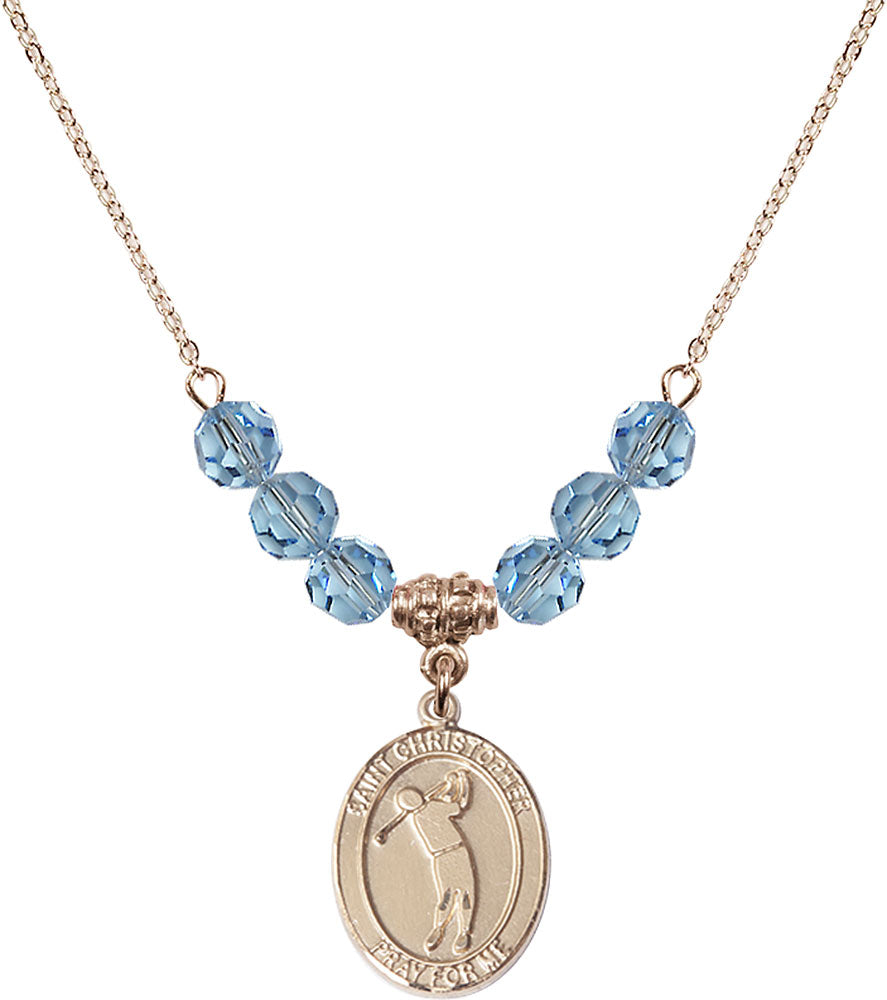 14kt Gold Filled Saint Christopher/Golf Birthstone Necklace with Aqua Beads - 8152