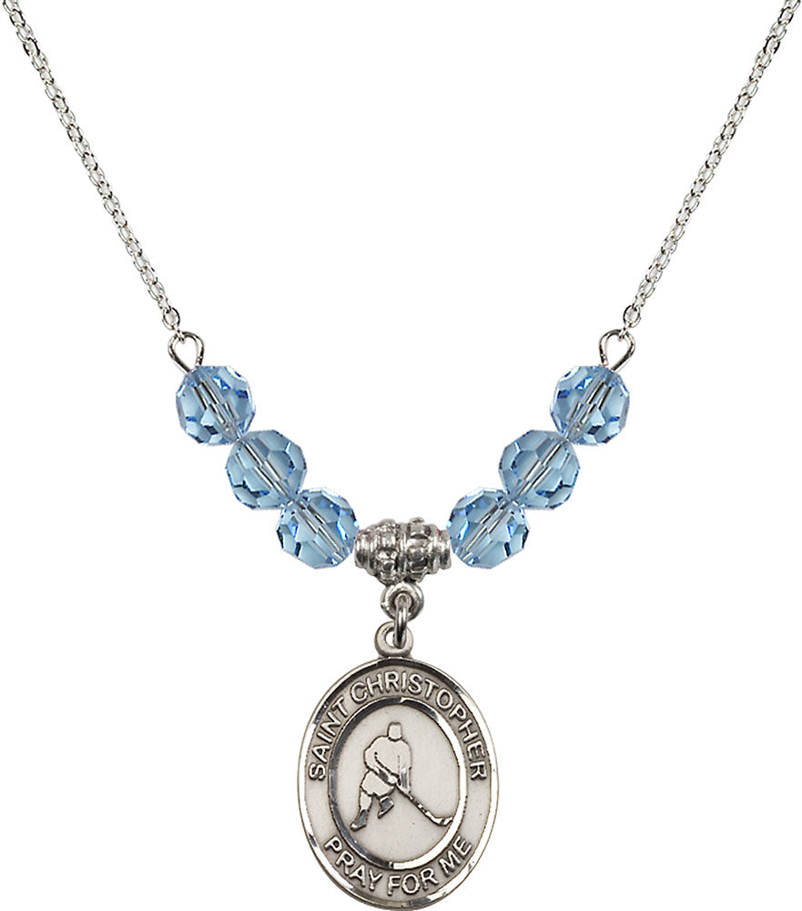 Sterling Silver Saint Christopher/Ice Hockey Birthstone Necklace with Aqua Beads - 8155