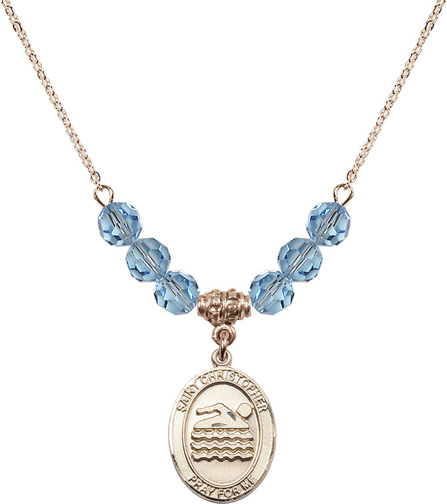 14kt Gold Filled Saint Christopher/Swimming Birthstone Necklace with Aqua Beads - 8157
