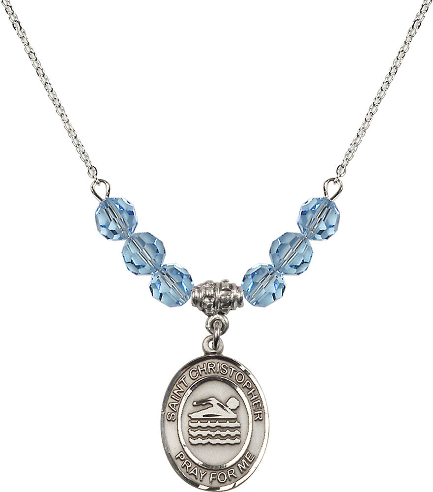 Sterling Silver Saint Christopher/Swimming Birthstone Necklace with Aqua Beads - 8157