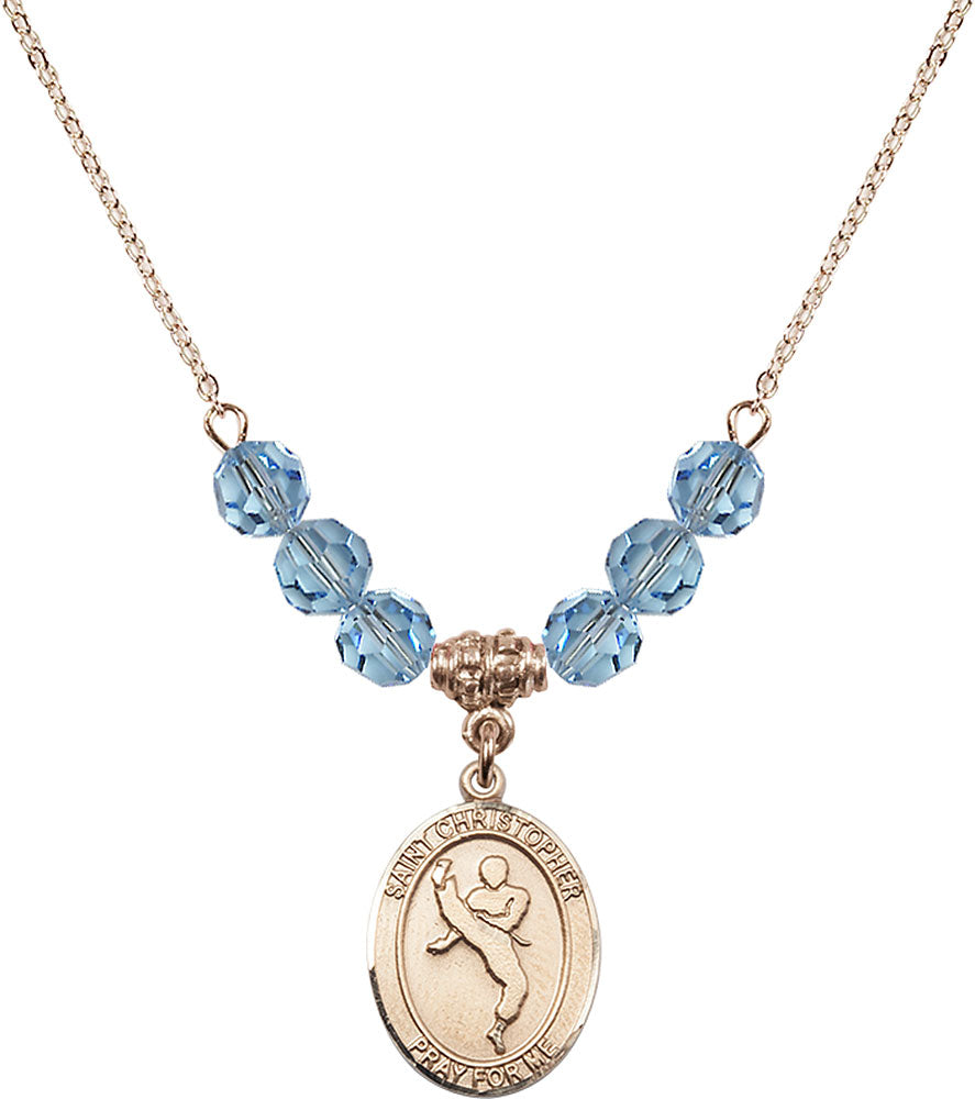 14kt Gold Filled Saint Christopher/Martial Arts Birthstone Necklace with Aqua Beads - 8158