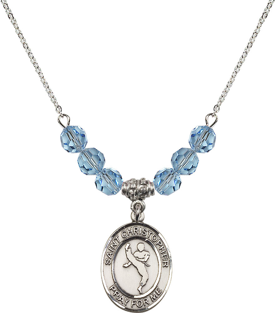 Sterling Silver Saint Christopher/Martial Arts Birthstone Necklace with Aqua Beads - 8158