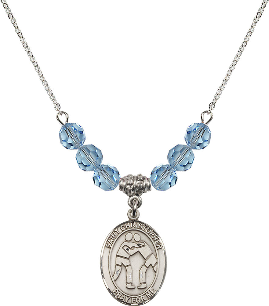 Sterling Silver Saint Christopher/Wrestling Birthstone Necklace with Aqua Beads - 8159