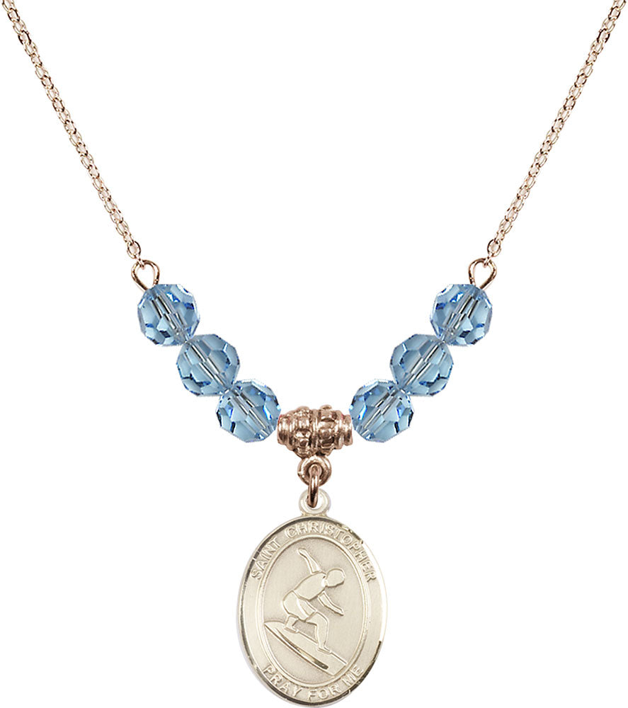 14kt Gold Filled Saint Christopher/Surfing Birthstone Necklace with Aqua Beads - 8184