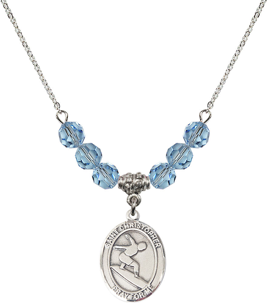 Sterling Silver Saint Christopher/Surfing Birthstone Necklace with Aqua Beads - 8184